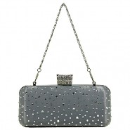 Evening Bag - Metal Frame w/ Rhinestones & Studs Embellishment - Silver - BG-1147AS-SV